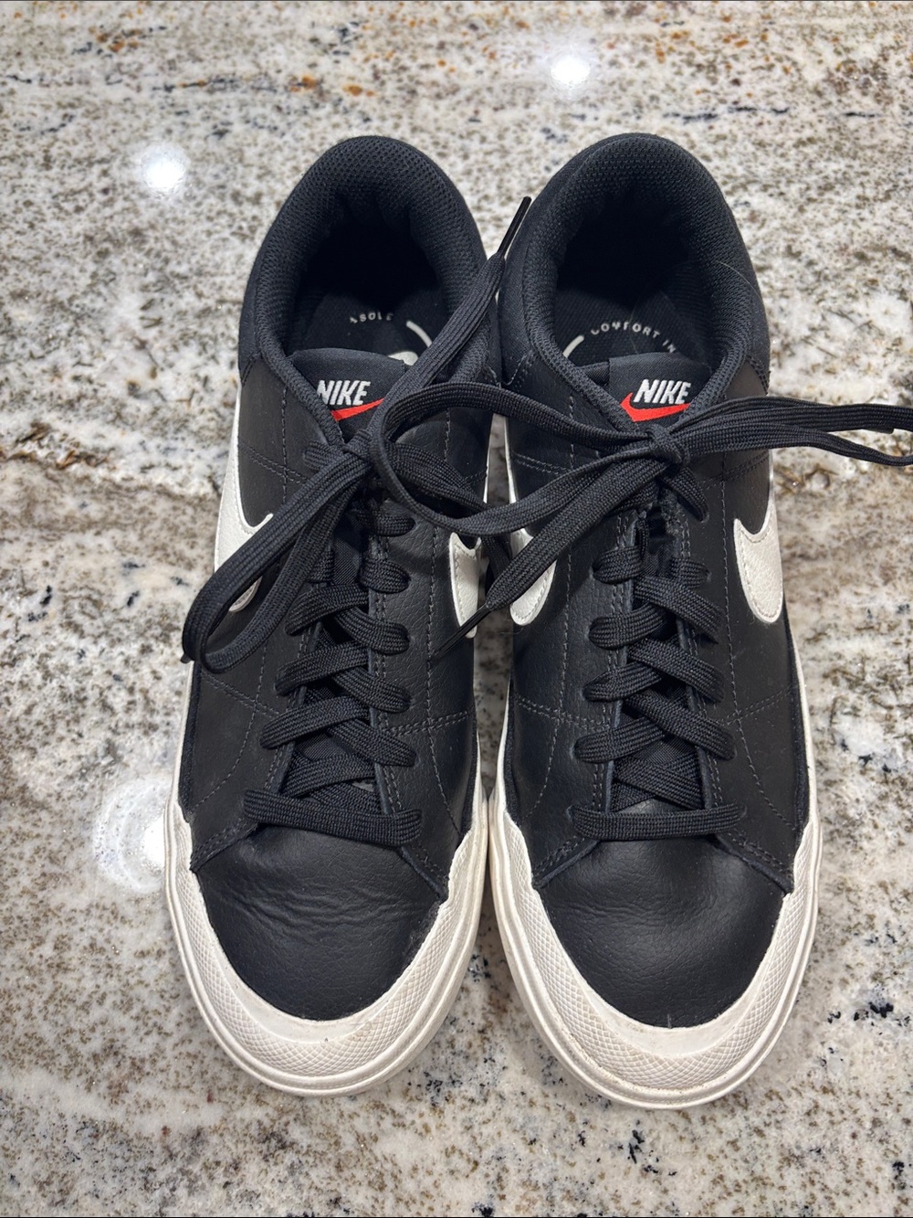 Nike platform Legacy Lift Black Sneakers with White Swoosh and Sole. Size 10